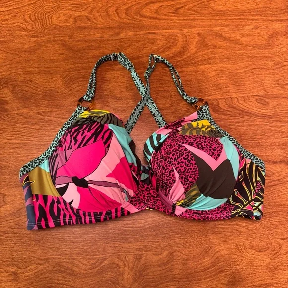 BLEU Sweetheart Bra Swimsuit Top SZ. 36D Purple Tropical Print - Picture 4 of 16
